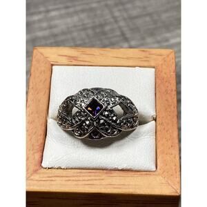 Vintage Avon Victorian Revival Marcasite Silver Tone Cocktail Ring Size 7.75